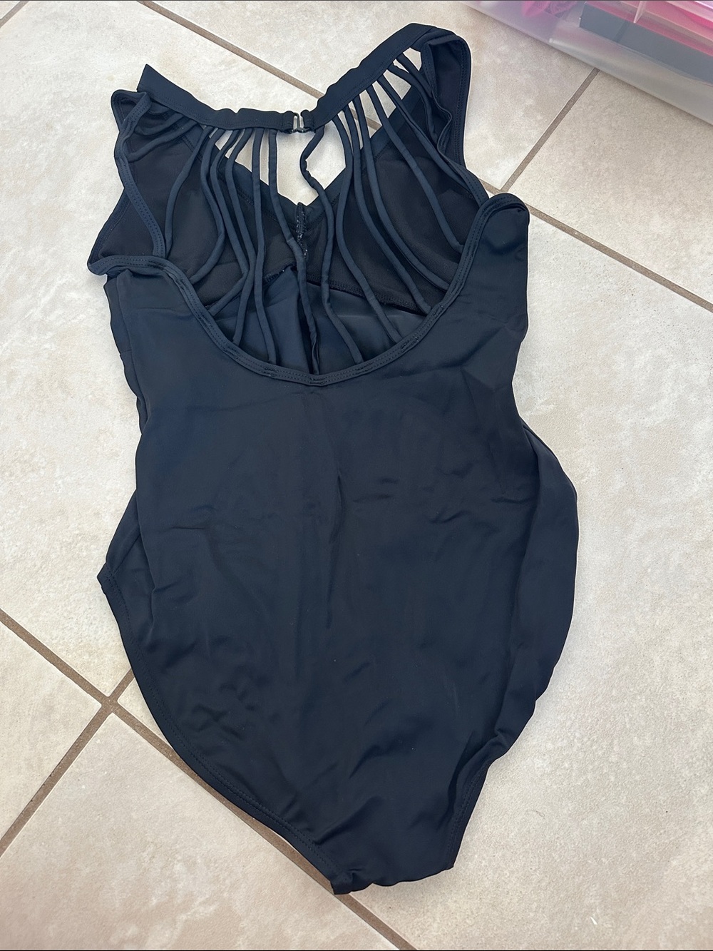 Women's Black Strappy Back Leotard - V Neck Front